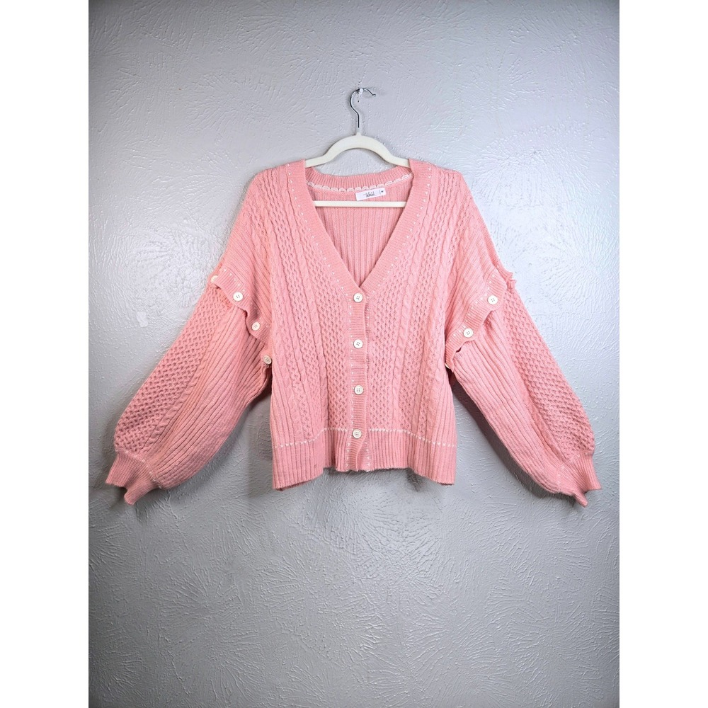 Cable Knit Balloon Sleeve Button Cardigan Sweater Pink Relaxed Slouchy Coquette